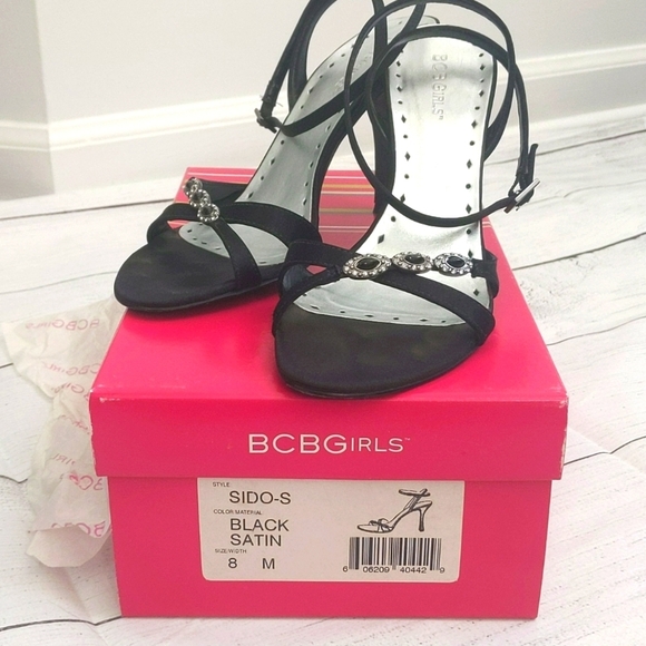 BCBGirls Black Satin Ankle Strap Sandals - Size 8 - Picture 13 of 14